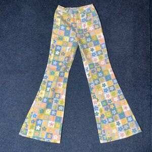 Ghanda Floral Checkered Flare Pants, High-Waisted